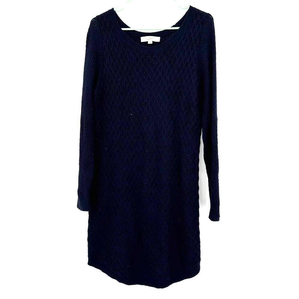 Loft size large navy blue long sleeve sweater knit dress cotton blend‎